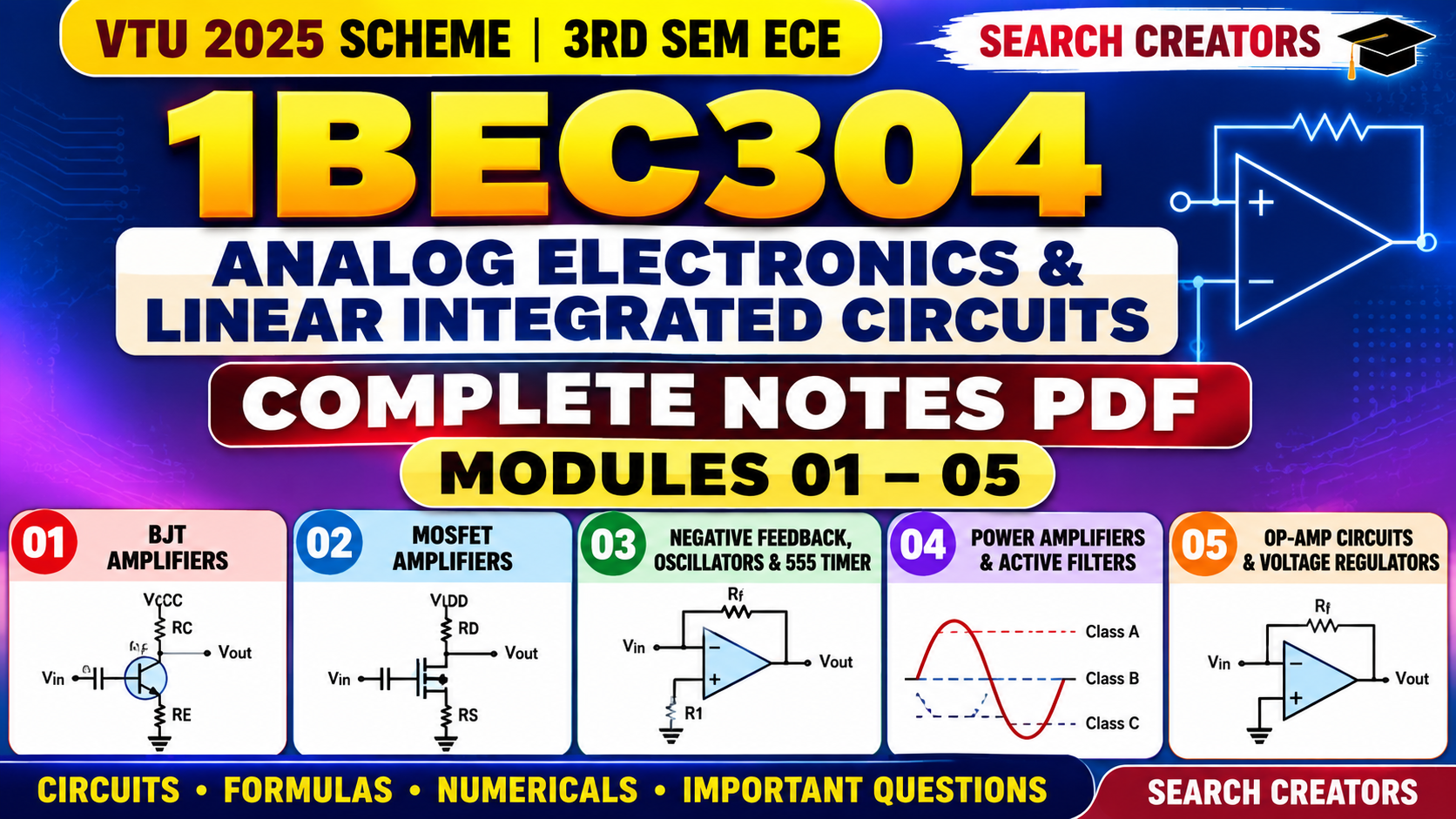 1BEC304 Analog Electronics and Linear Integrated Circuits Complete Notes PDF | Modules 1–5 | VTU 2025 Scheme | 3rd Sem ECE VTU Notes