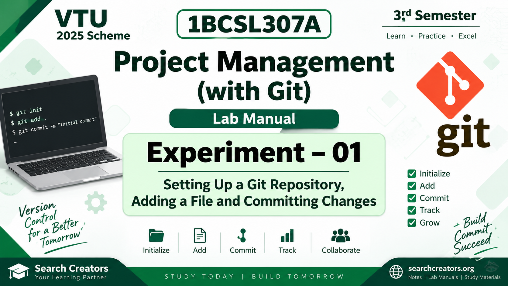 1BCSL307A Project Management with Git Experiment 1 – Git Setup & Basic Commands | VTU 2025 Scheme VTU Notes