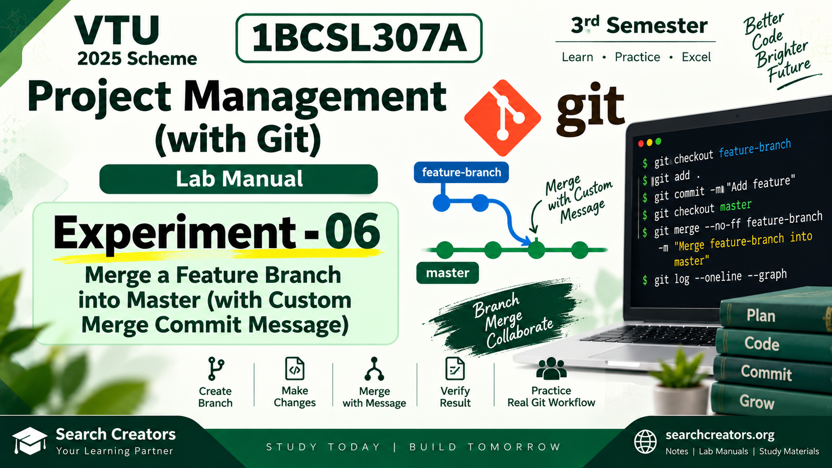 1BCSL307A Project Management with Git Experiment 6 – Merge Feature Branch into Master | VTU 2025 Scheme VTU Notes