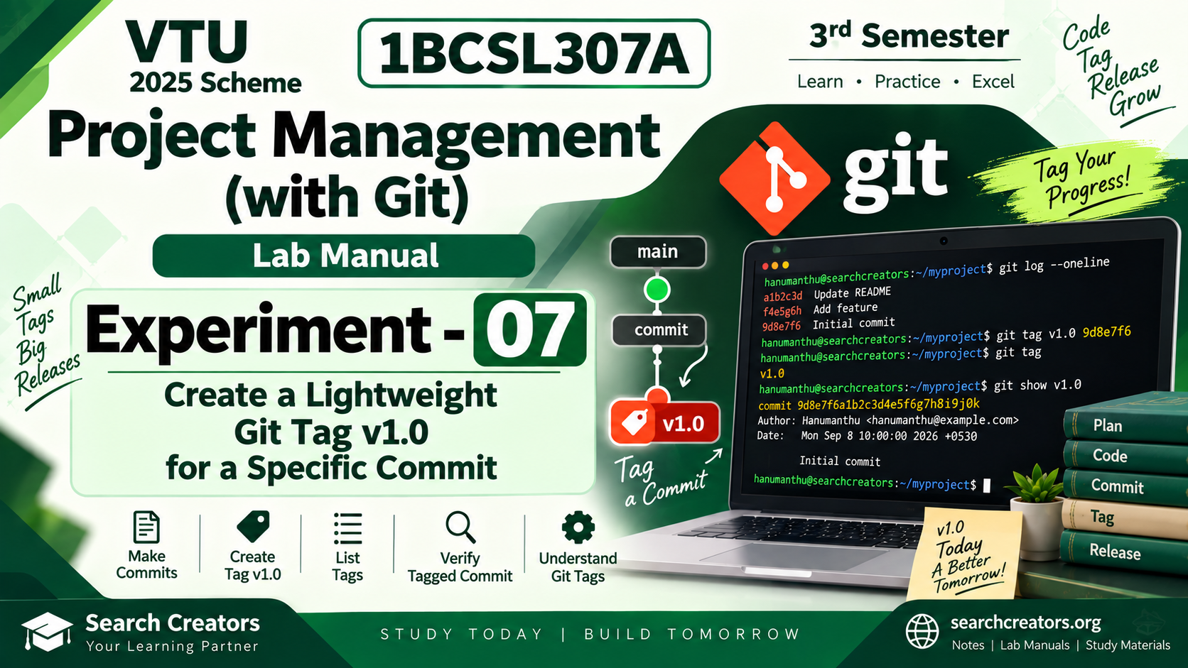 1BCSL307A Project Management with Git Experiment 7 – Create Lightweight Git Tag v1.0 | VTU 2025 Scheme VTU Notes