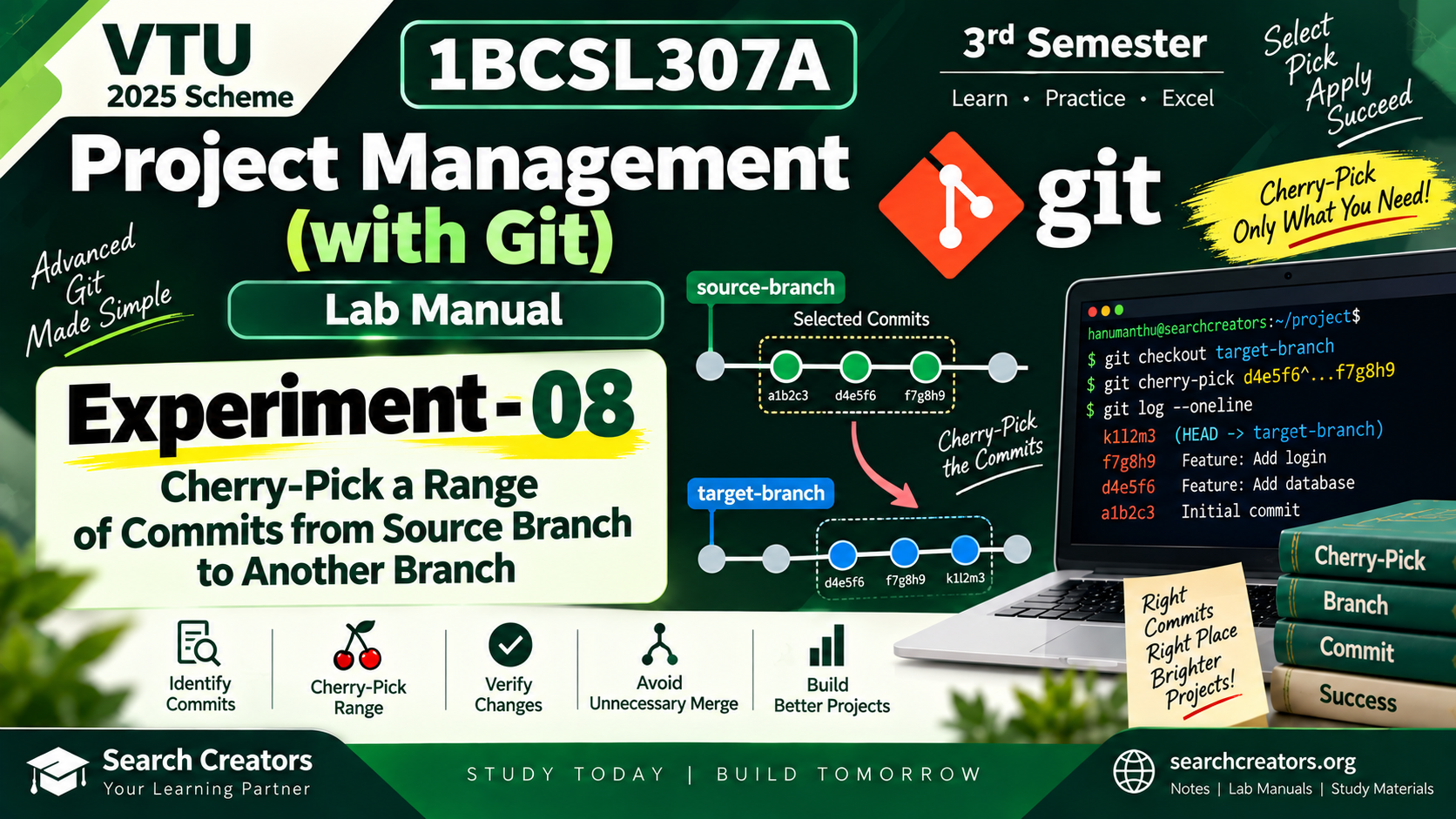 1BCSL307A Project Management with Git Experiment 8 – Cherry-Pick a Range of Commits | VTU 2025 Scheme VTU Notes