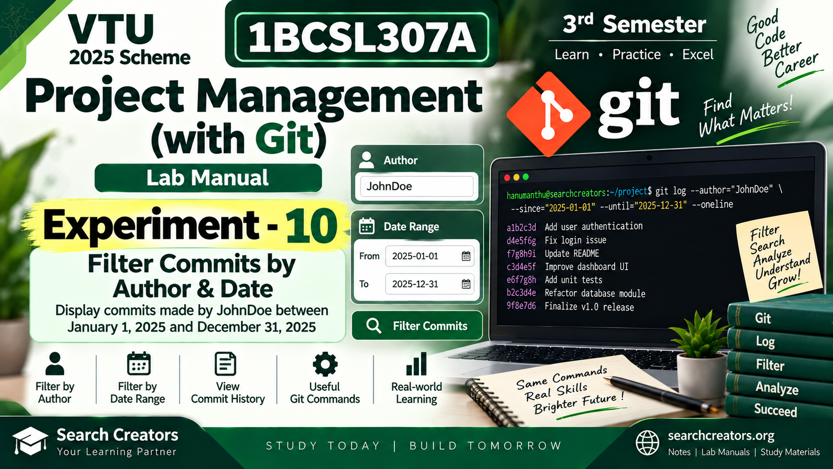 1BCSL307A Project Management with Git Experiment 10 – Filter Commits by Author & Date | VTU 2025 Scheme VTU Notes