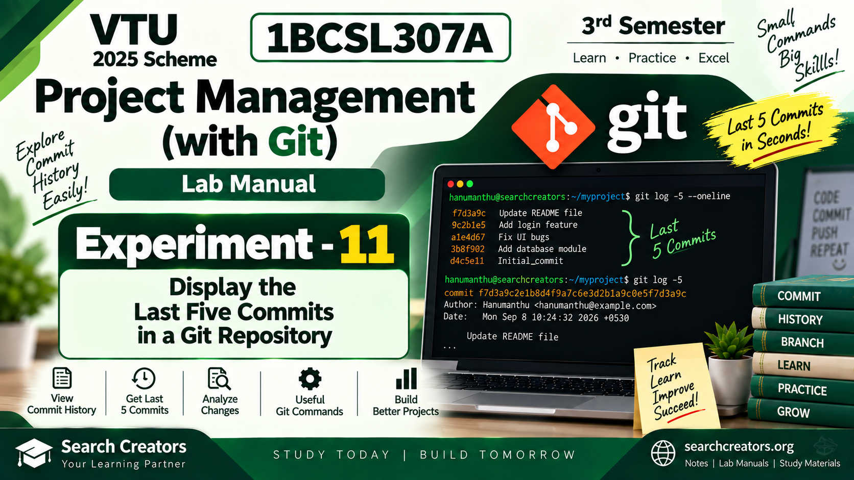 1BCSL307A Project Management with Git Experiment 11 – Display Last Five Commits | VTU 2025 Scheme VTU Notes