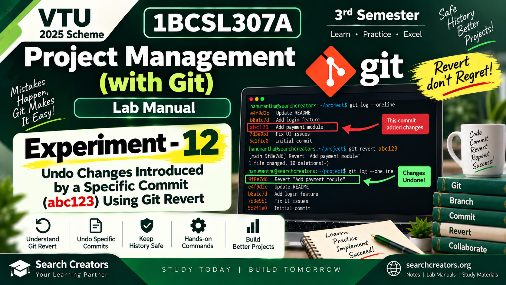 1BCSL307A Project Management with Git Experiment 12 – Undo Changes Using Git Revert | VTU 2025 Scheme VTU Notes