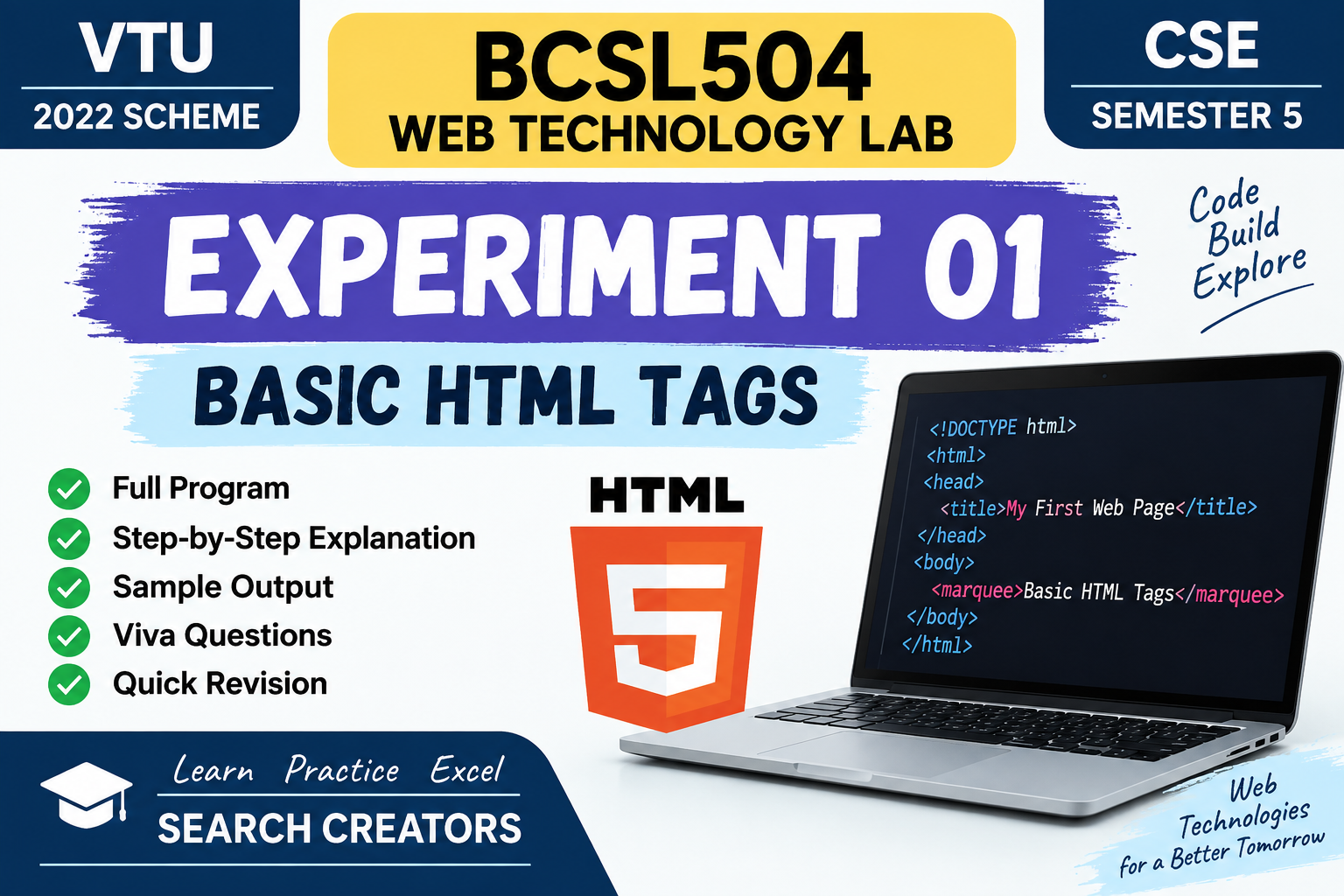 BCSL504 Web Technology Lab Experiment 01 – Basic HTML Tags VTU Notes