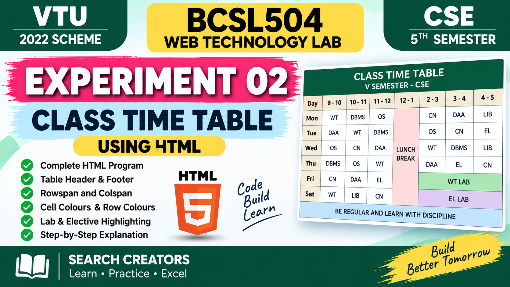 BCSL504 Experiment 02 – Class Time Table Using HTML | VTU 2022 Scheme VTU Notes