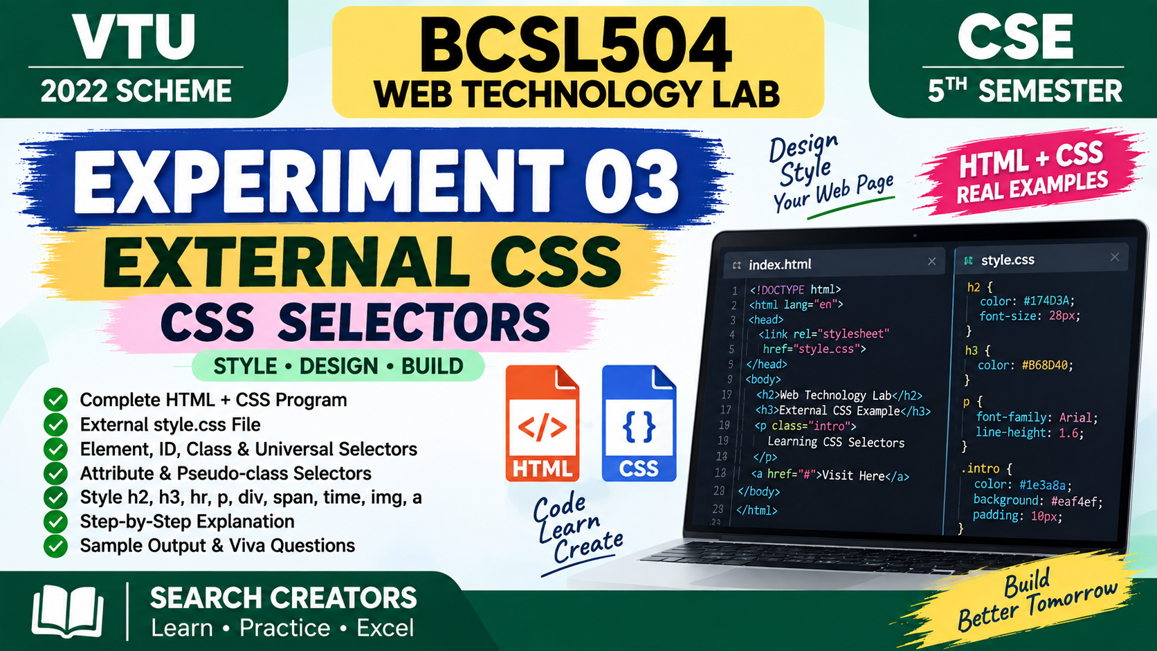 BCSL504 Experiment 03 – External CSS & CSS Selectors | VTU 2022 Scheme VTU Notes