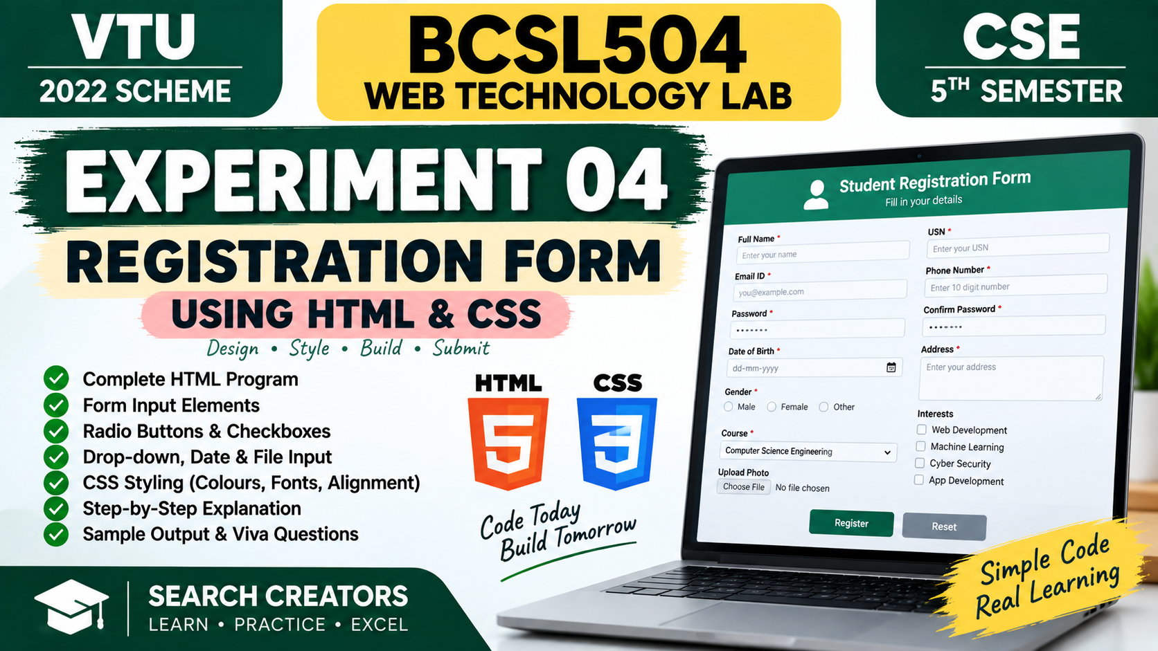 BCSL504 Experiment 04 Registration Form Using HTML & CSS | VTU 2022 Scheme VTU Notes