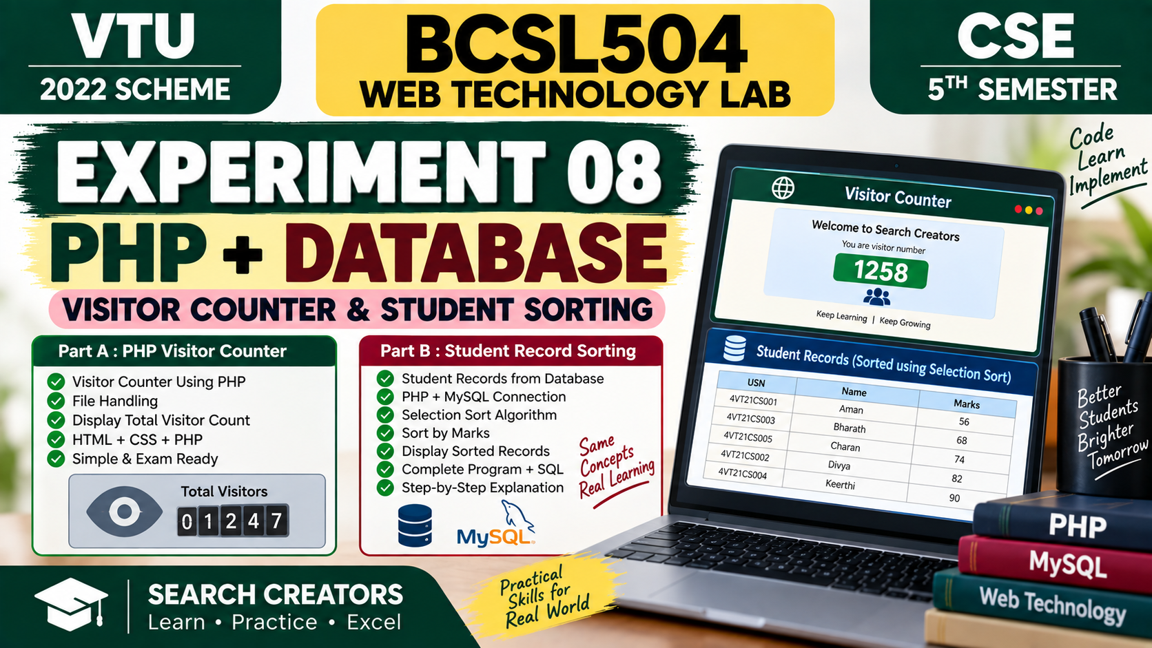 BCSL504 Experiment 08 PHP Visitor Counter & Student Record Sorting | VTU 2022 Scheme VTU Notes
