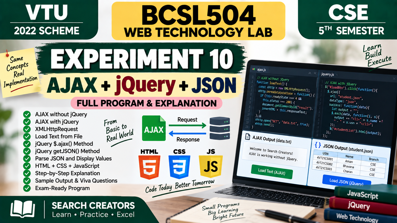 BCSL504 Experiment 10 AJAX, jQuery & JSON Program | VTU 2022 Scheme VTU Notes