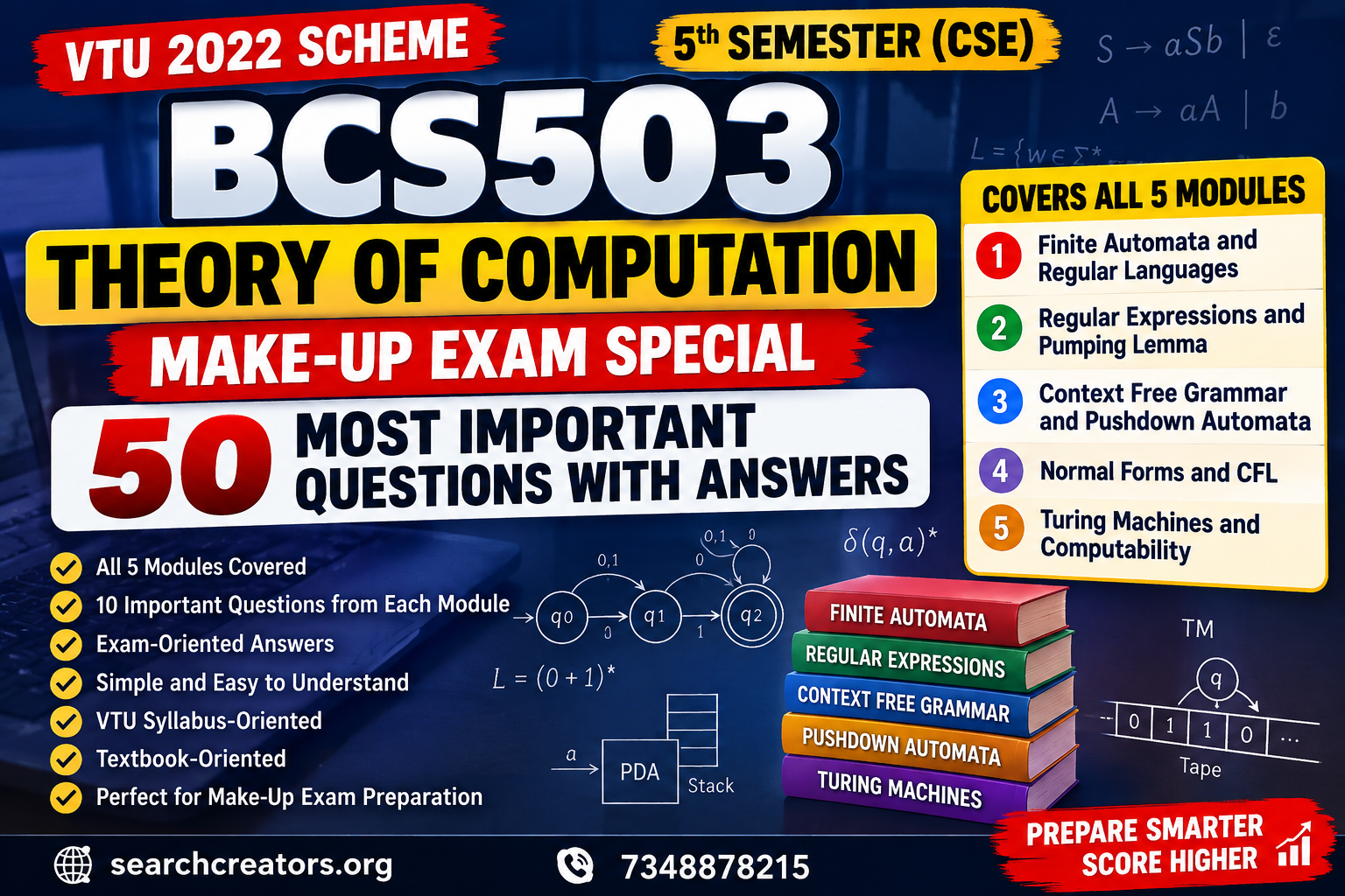 BCS503 Theory of Computation – Make-Up Exam 50 Most Important Questions with Answers VTU Notes