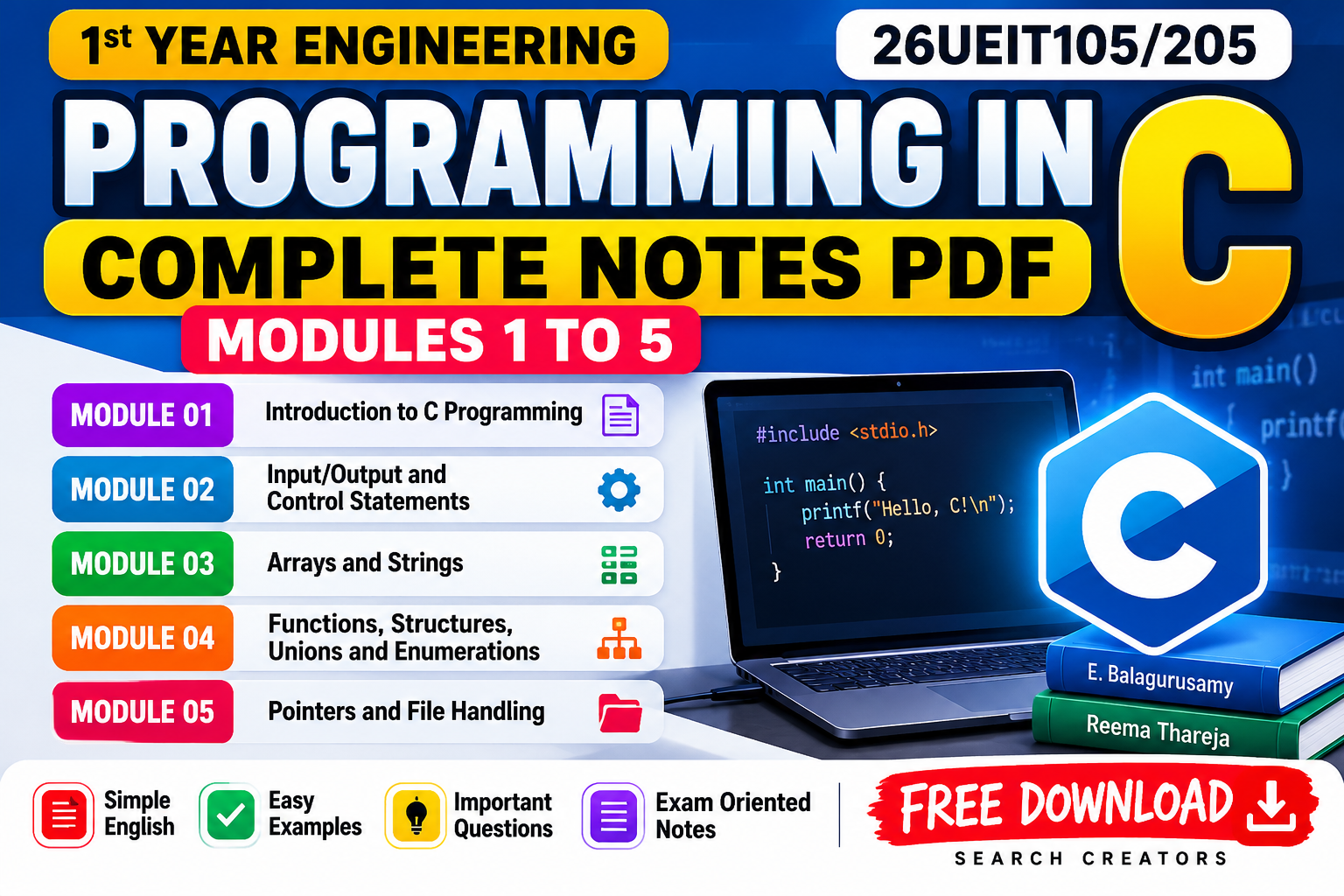 Programming in C Complete Notes PDF | Modules 1–5 | 26UEIT105/205 | 1st Year Engineering VTU Notes