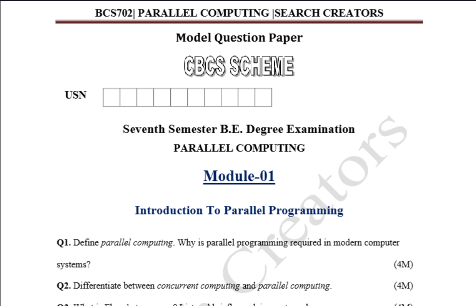 PARALLEL COMPUTING ,Model Question Paper 01-05 (BCS702) - VTU Notes, Model Question Paper, PYQ for CSE Semester 7