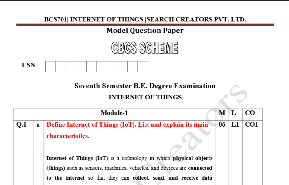 INTERNET OF THINGS ,Model Question Paper 01-05 (BCS701) - VTU Notes, Model Question Paper, PYQ for CSE Semester 7