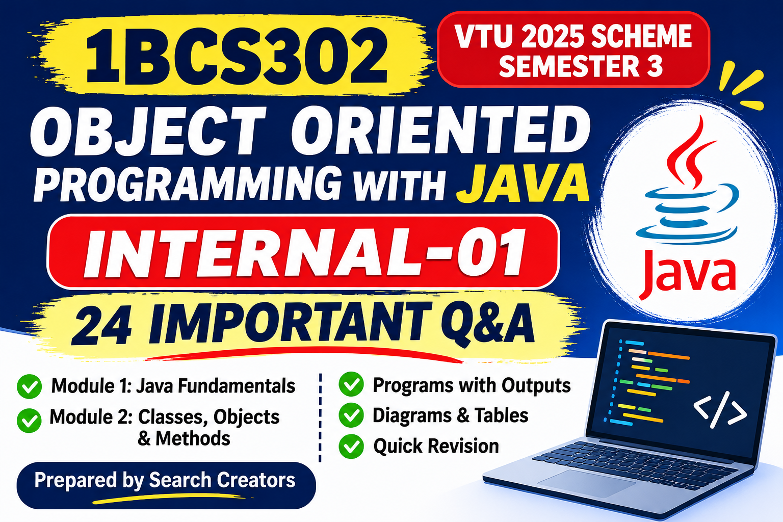 1BCS302 Java Internal-01 Important Questions with Answers | VTU 2025 Scheme | Modules 1 & 2