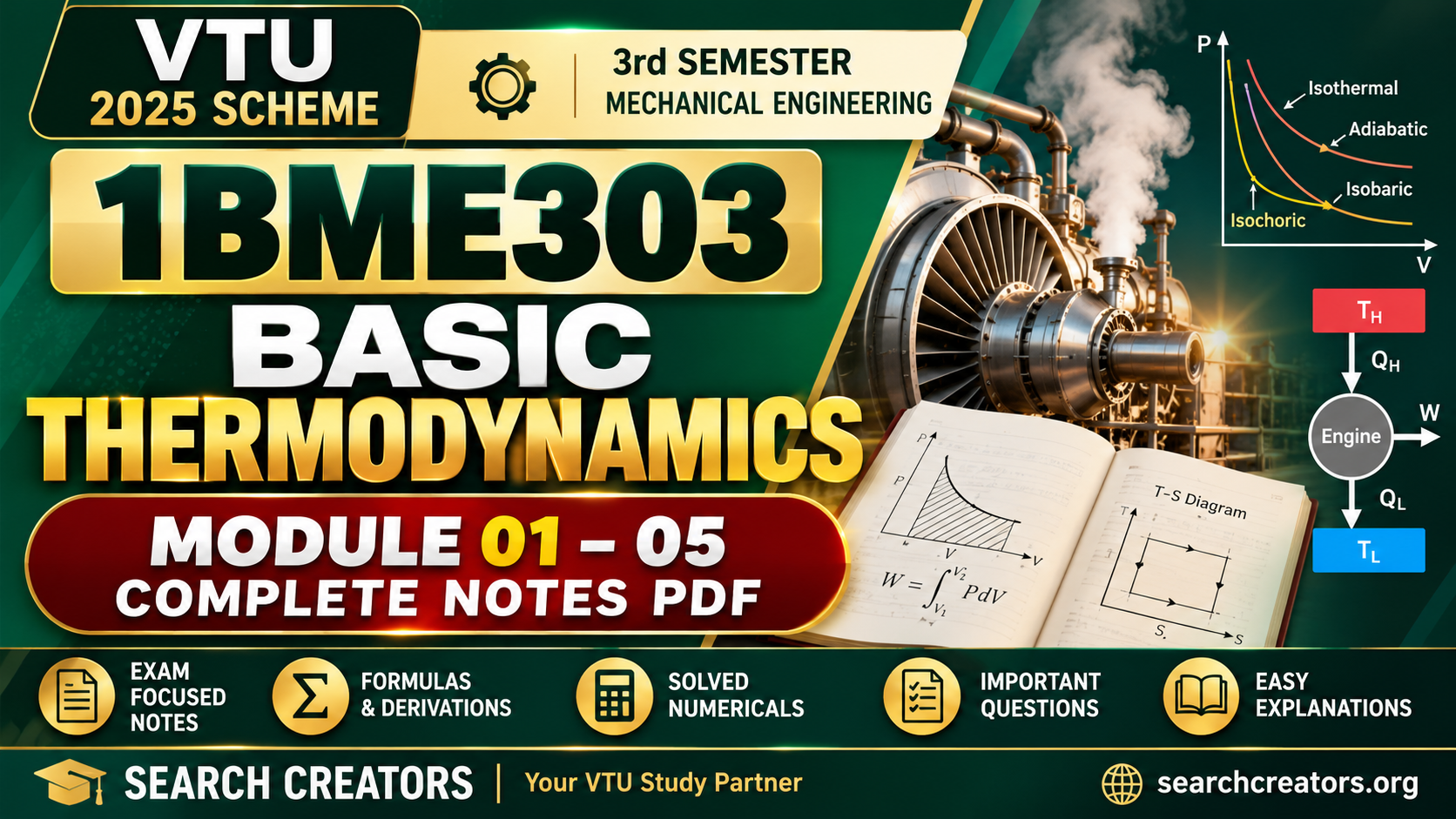 1BME303 Basic Thermodynamics Notes PDF | VTU 2025 Scheme 3rd Sem | Modules 1–5